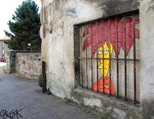 A graffiti on the side of a building with a person behind bars.