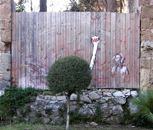 A tree and fence with graffiti on it