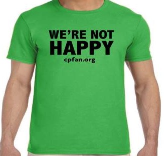 A green t-shirt with the words " we 're not happy " on it.